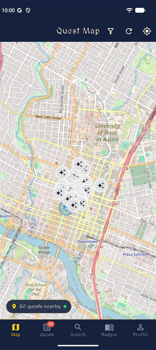 Quest map of downtown Austin with quest pins and a count of 50 quests nearby