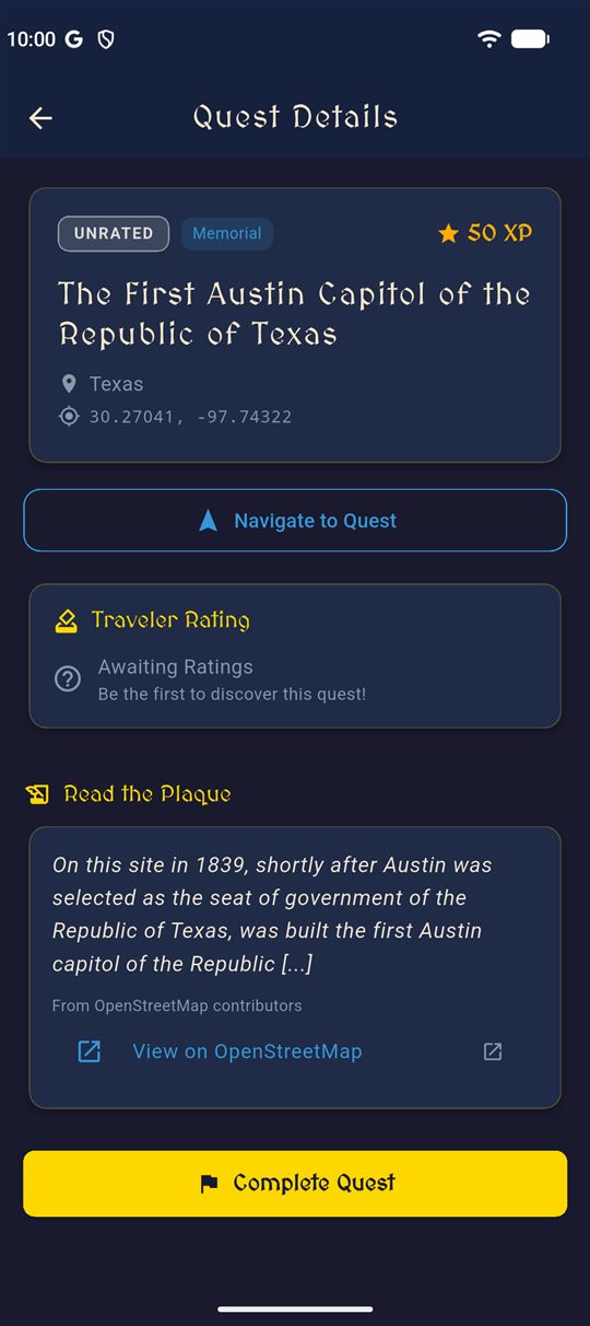 Quest card for the First Austin Capitol showing the plaque inscription with an OpenStreetMap credit and link
