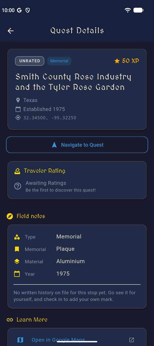 Quest card with a Field notes list of type, memorial, material and year, and a note that no written history is on file