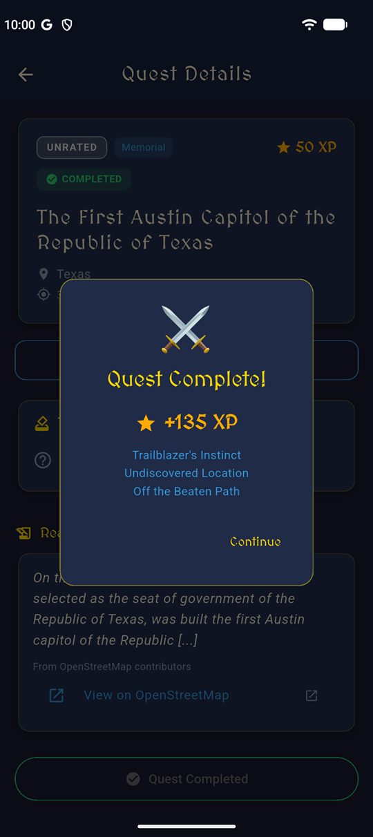Quest Complete dialog showing 135 XP and three bonuses