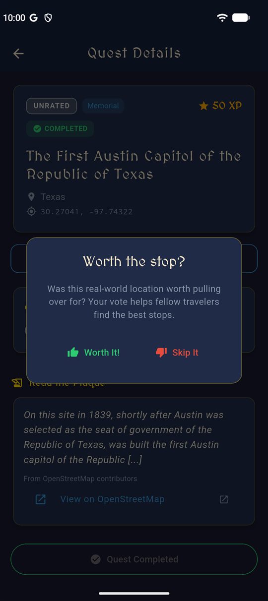 Worth the stop? prompt with Worth It and Skip It buttons