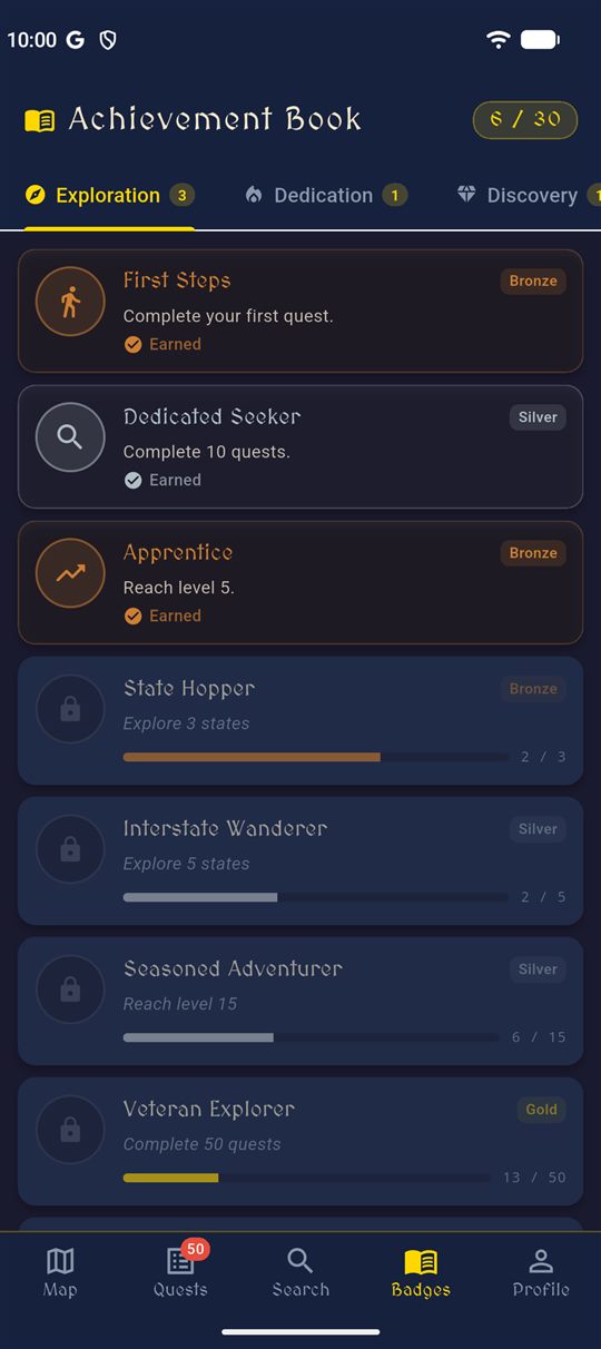 Achievement Book with earned and locked achievements