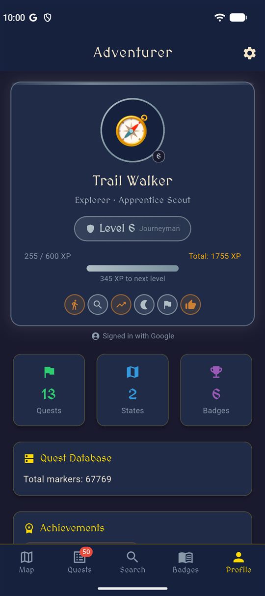 Player card showing level, XP and earned badges